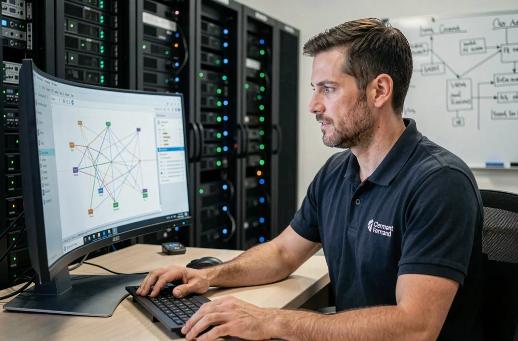 Technicien NowTeam Clermont-Ferrand analysant un réseau informatique sur un grand écran courbe