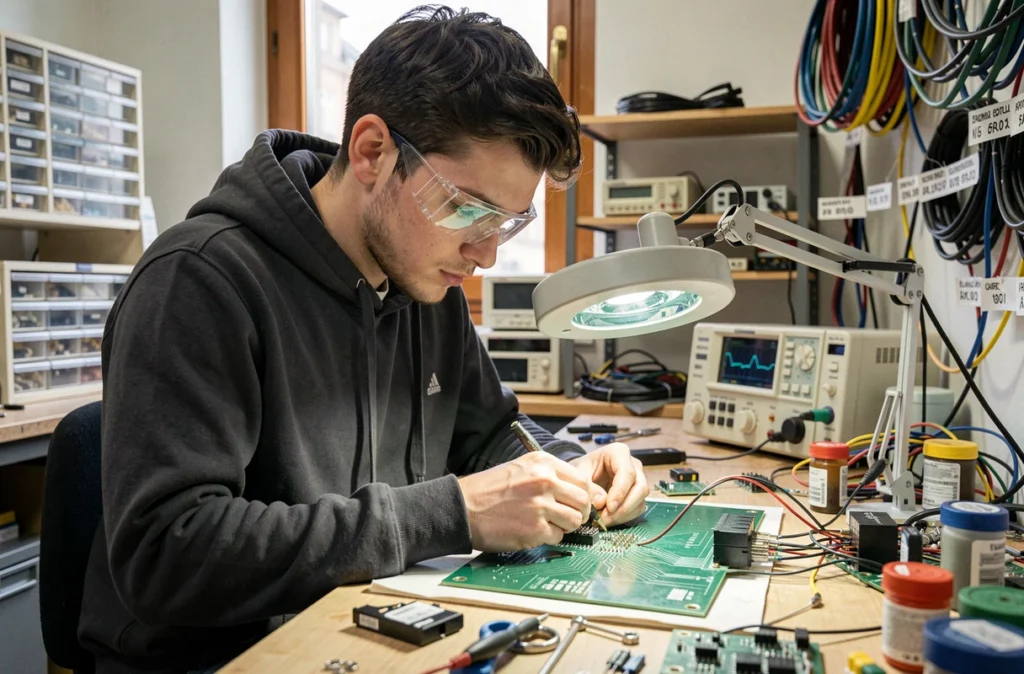 Technicien PCservices63 soudant une carte électronique dans un atelier de réparation informatique