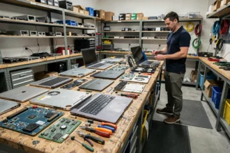 Atelier de réparation informatique professionnel en Seine-et-Marne avec un technicien travaillant sur des ordinateurs démontés