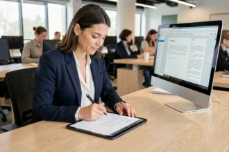 Femme professionnelle signant électroniquement un document PDF converti depuis JPJ sur une tablette dans un bureau moderne