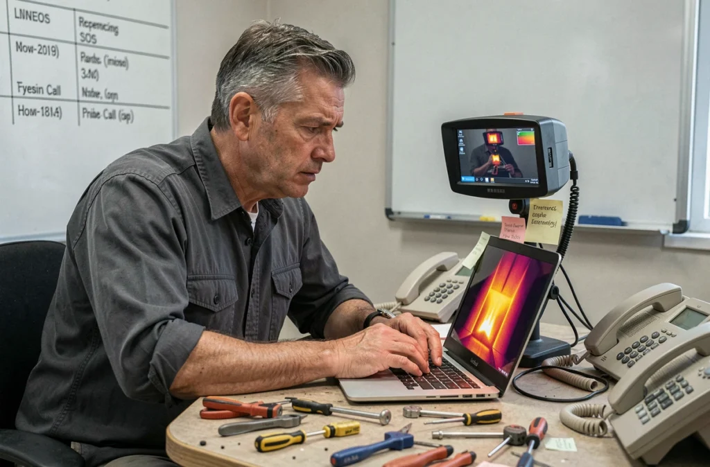 Technicien SOS Master diagnostiquant en urgence un ordinateur portable surchauffé avec une caméra thermique sur un bureau d'intervention rapide