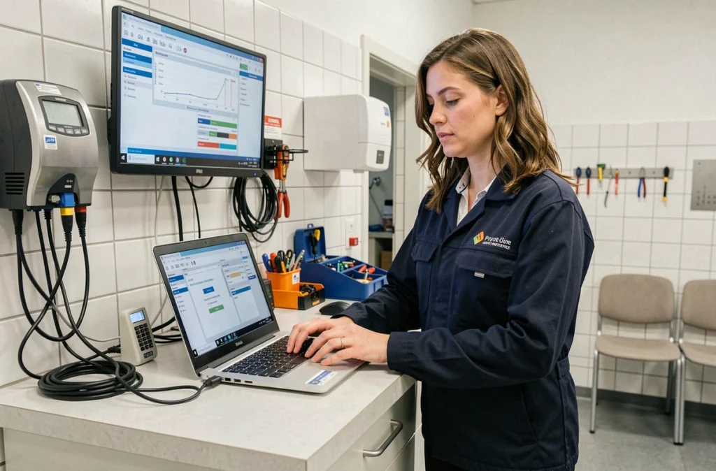 Technicienne Technofix diagnostiquant un ordinateur portable sur un comptoir de service