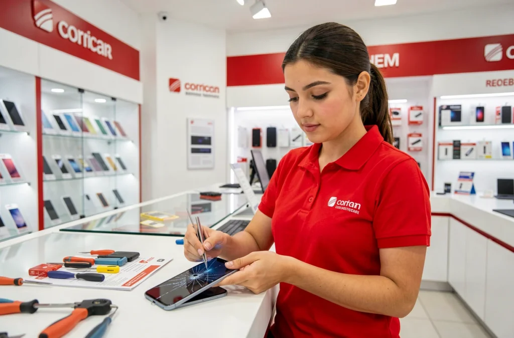 Technicienne WeFix en polo rouge remplaçant l'écran d'un smartphone sur un comptoir de service moderne dans une boutique de réparation
