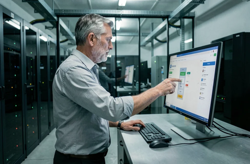 Un responsable informatique déverrouillant un coffre numérique de mots de passe dans une salle serveur d'entreprise