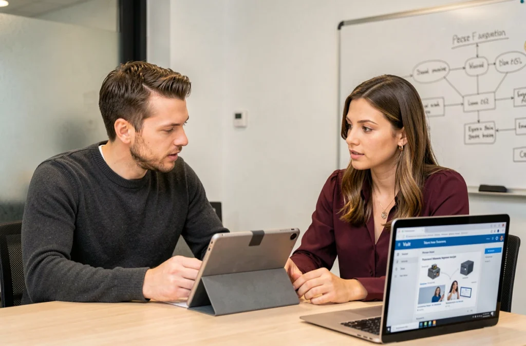 Deux collègues en entreprise collaborant sur la gestion sécurisée des mots de passe partagés via un coffre numérique