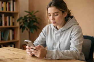 Jeune femme envoyant un message anonyme sur son smartphone depuis un bureau à domicile