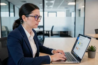 Une professionnelle en entreprise gérant ses mots de passe via un coffre numérique sécurisé sur son ordinateur portable
