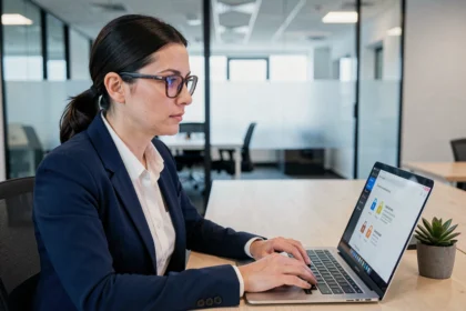 Une professionnelle en entreprise gérant ses mots de passe via un coffre numérique sécurisé sur son ordinateur portable