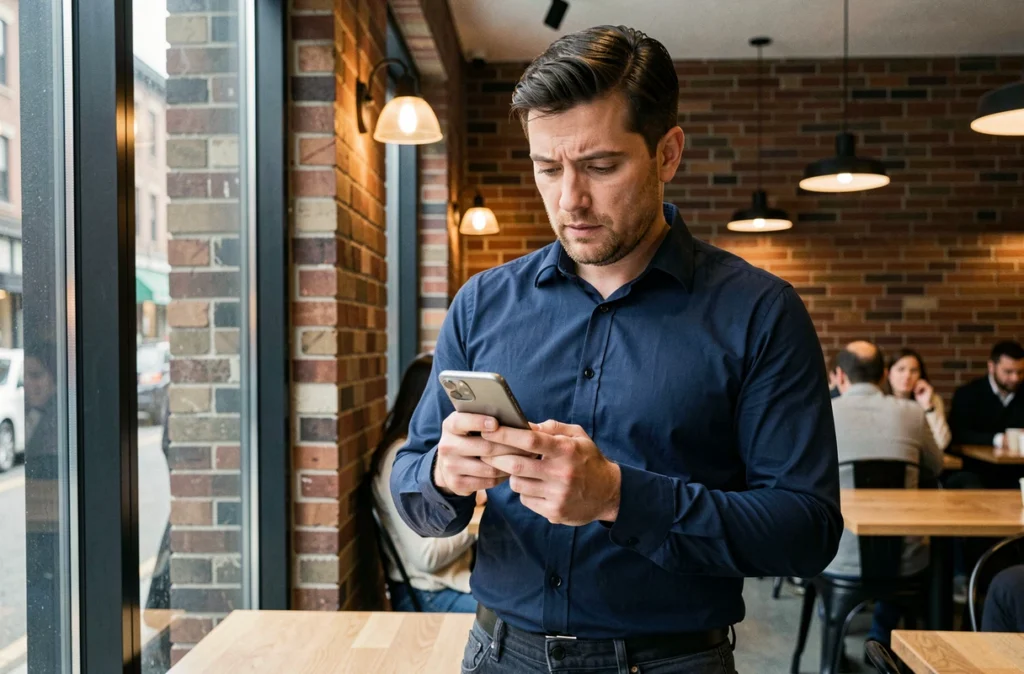 Homme utilisant une application de messagerie anonyme dans un café urbain moderne
