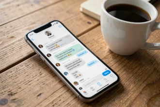 Smartphone affichant la messagerie Instagram sur un bureau